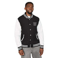 Black and white varsity style Faith Over Fear jacket with striped cuffs and collar, worn by a man