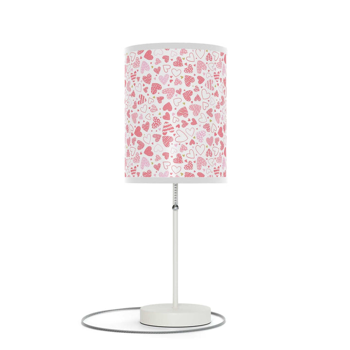 Hearts pattern table lamp with white steel base and pink heart print shade