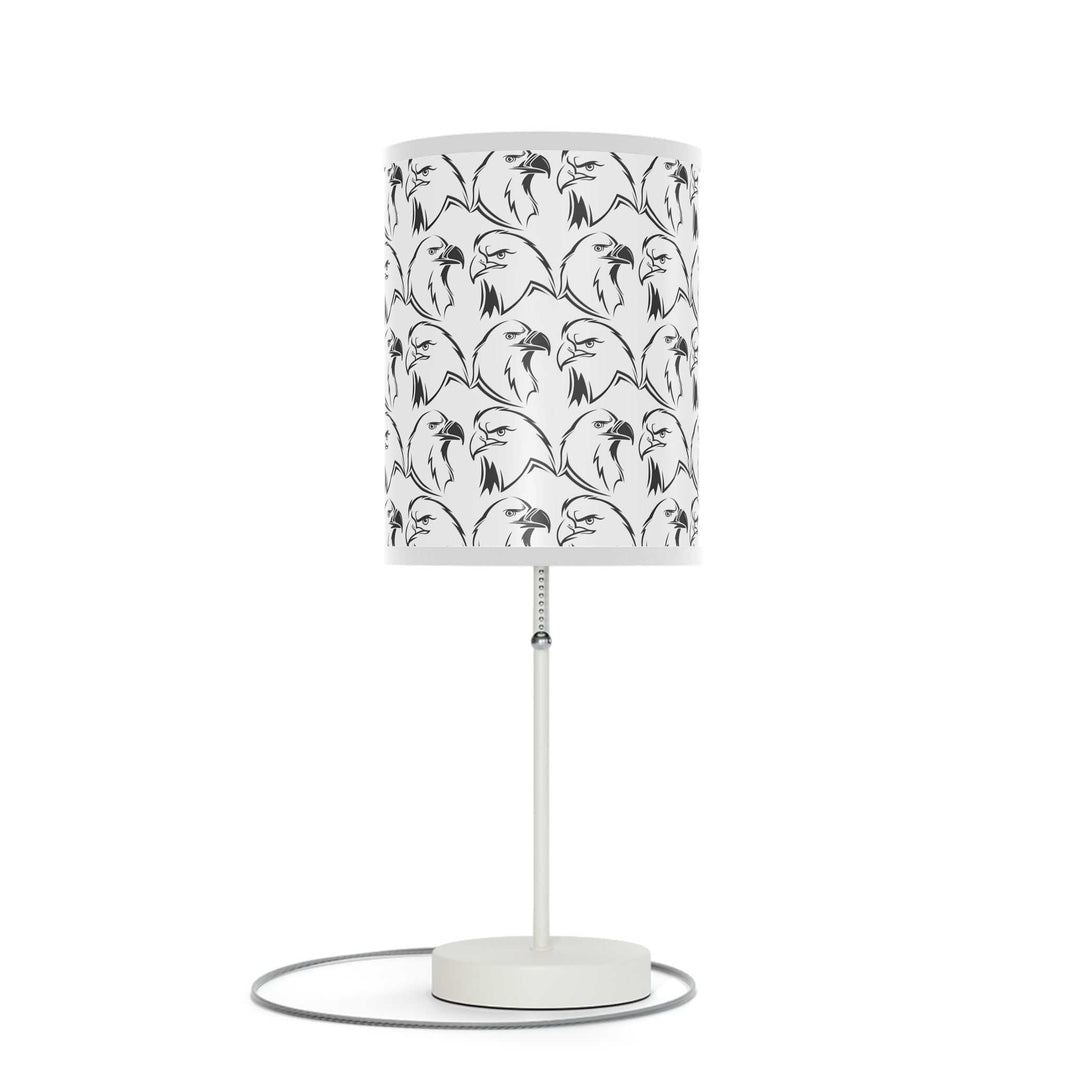 Eagles Design Lamp with silver steel base and eagle-patterned high-res printed shade on white trim, USA plug