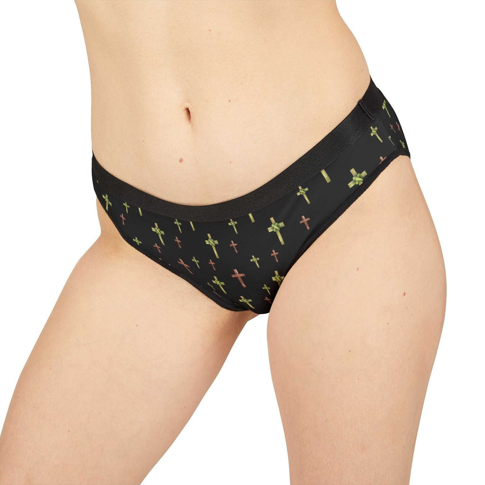 Women's Colorful Cross Underwear briefs with elastic waistband and breathable antimicrobial fabric, black with multicolor cross prints.
