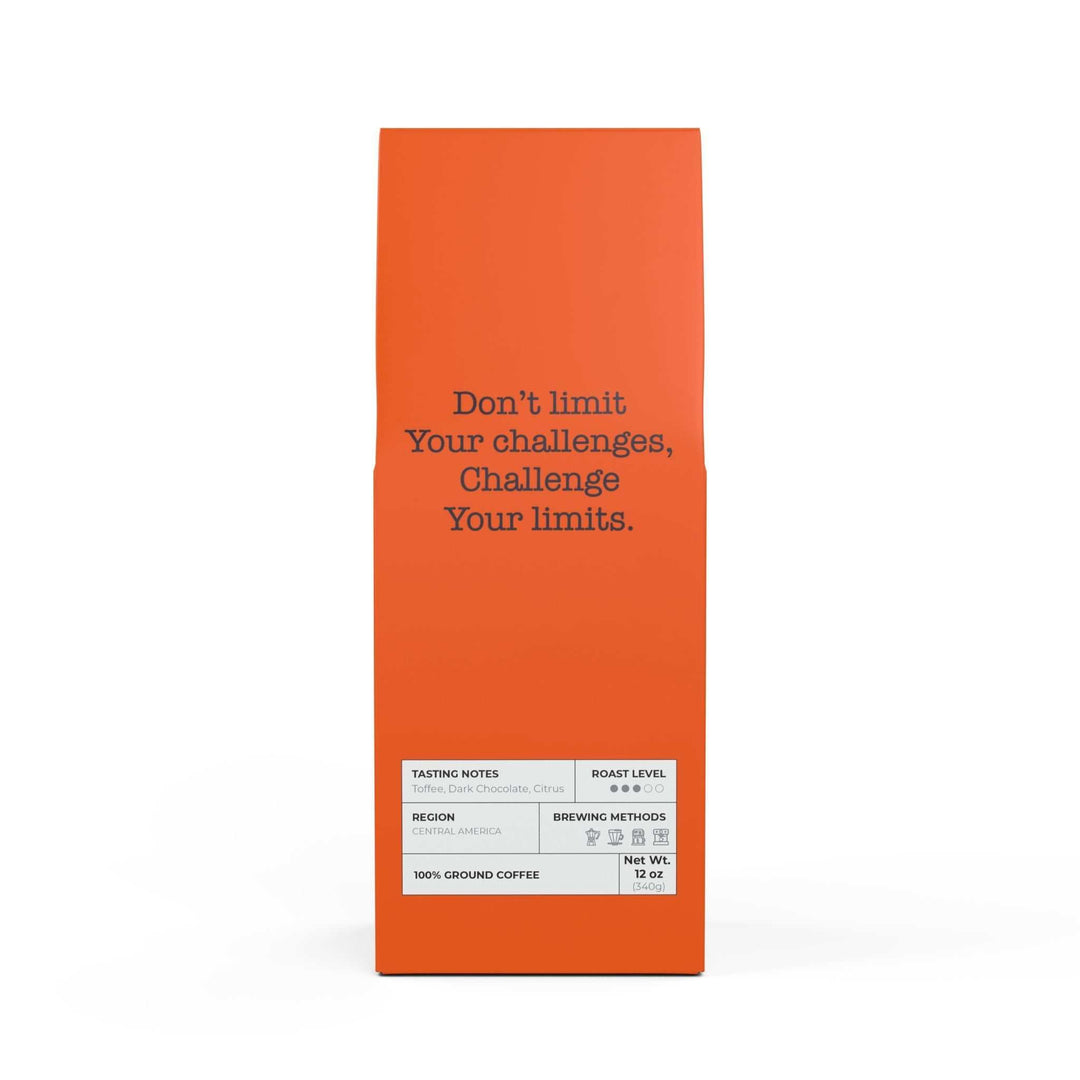 No Limits Coffee medium roast ground coffee bag with toffee, dark chocolate, and citrus tasting notes from Central America in 12oz packaging