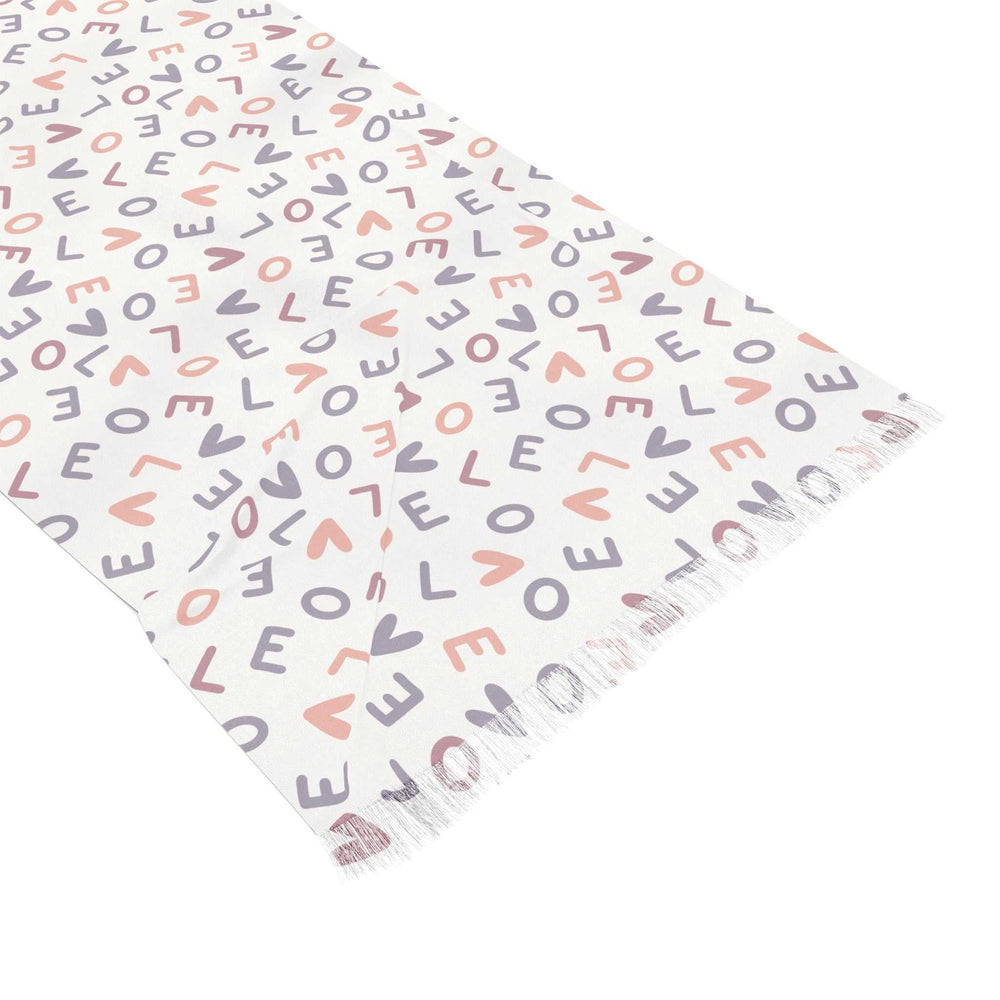 Lightweight transparent scarf with love pattern in soft pink and gray tones, seamless polyester fabric, 27 by 71 inches.