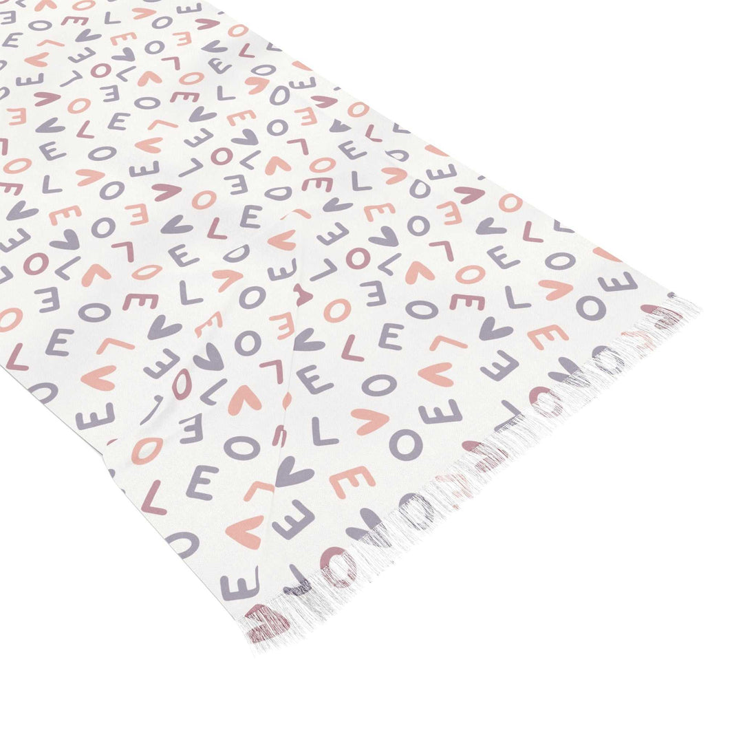 Lightweight transparent scarf with love pattern in soft pink and gray tones, seamless polyester fabric, 27 by 71 inches.