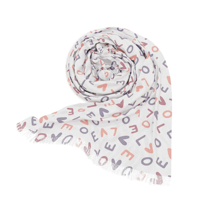 Lightweight white scarf with detailed love pattern design, made of 100% polyester, seamless and one-sided print, 27"x71" size