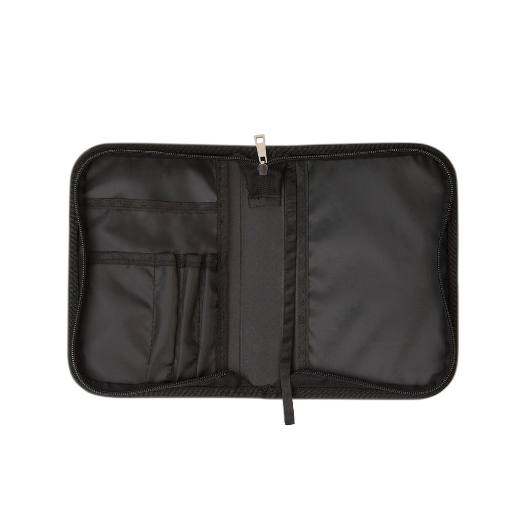 Black PU leather Bible cover with zipper, multiple pockets, and handle, designed to fit most Bibles and protect in style.