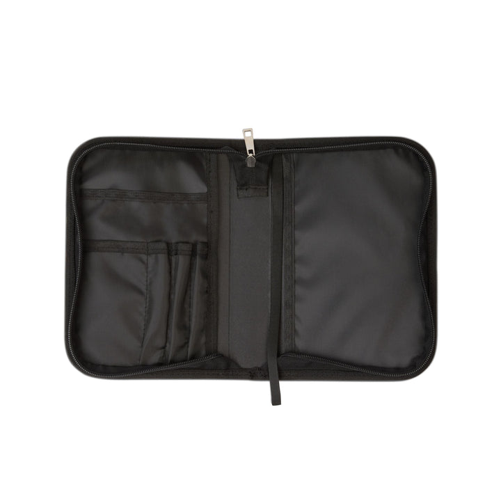 Black PU leather Bible cover with zipper, multiple pockets, and handle, designed to fit most Bibles and protect in style.