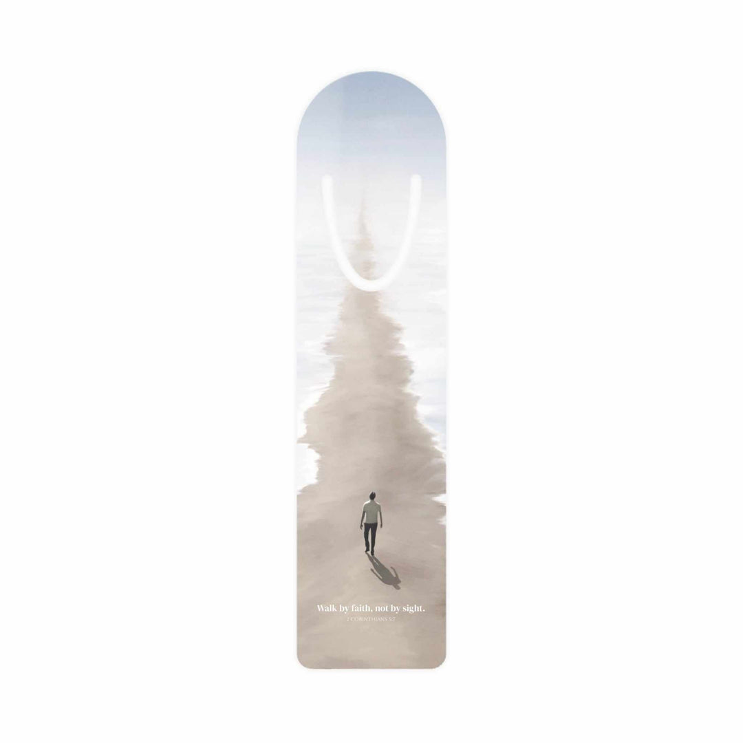 Walk by Faith bookmark with man walking on foggy path, aluminum with top slot for pages