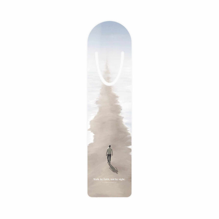 Walk by Faith bookmark with man walking on foggy path, aluminum with top slot for pages