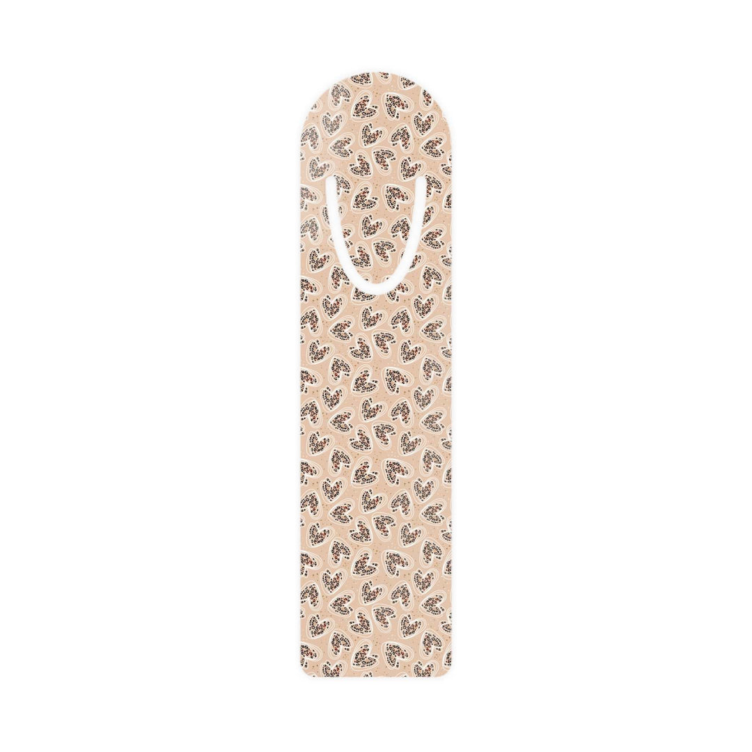 Aluminum Leopard Hearts Bookmark with top slot for holding book pages, personalized design option