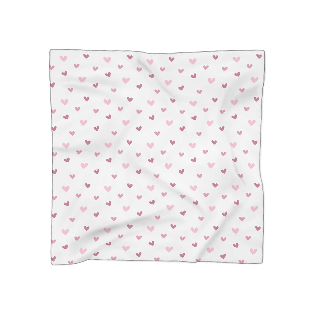 Pink Hearts Poly Scarf with light pink heart pattern on sheer white polyester fabric and black stitching