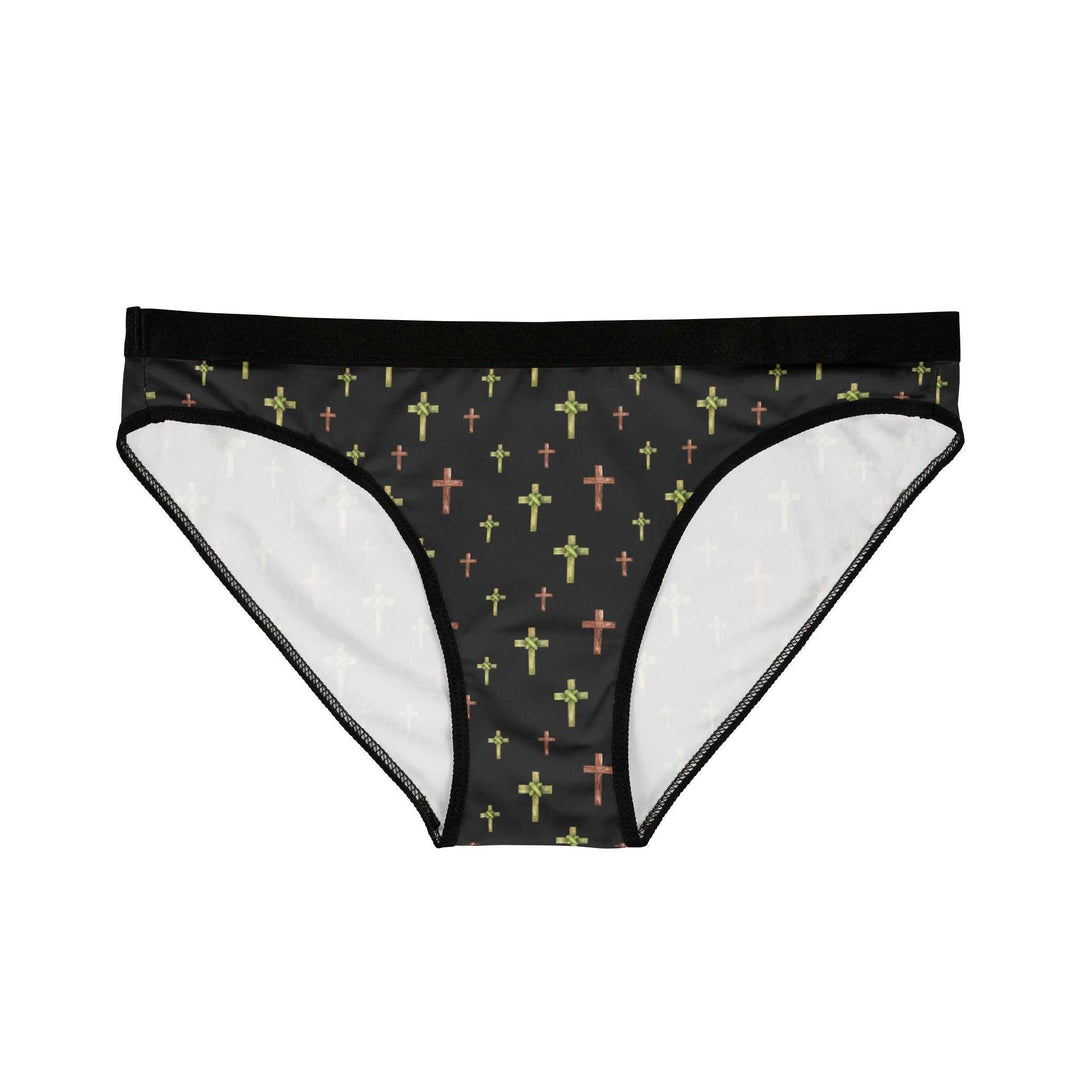 Black briefs with colorful cross print and plush elastic waistband, breathable antimicrobial fabric, and 4-way stretch for comfort and flexibility.