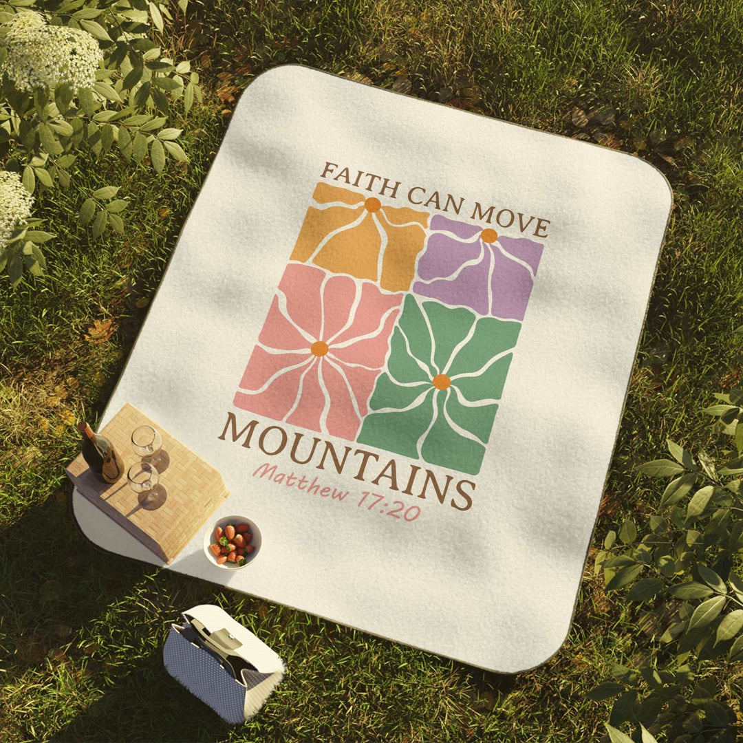 Matthew 17:20 picnic blanket with colorful cross pattern and faith quote on soft polyester fleece