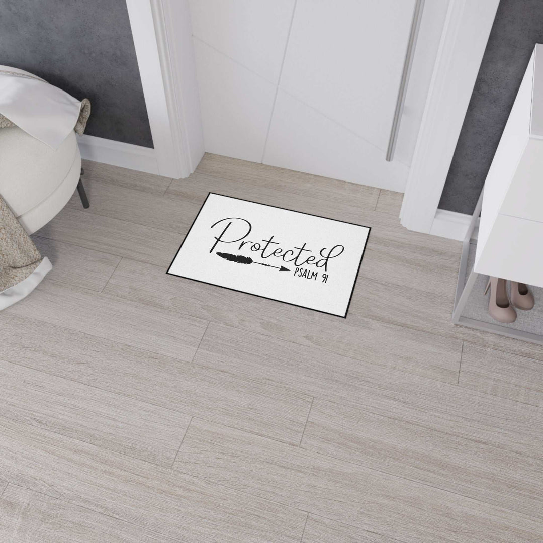 Psalm 91 Floor Mat with "Protected" text and arrow design, heavy duty polyester, non-slip backing, black trim, home entry mat