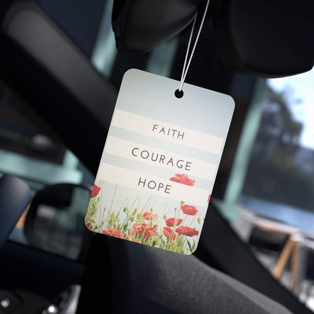 Faith Courage Hope car air freshener hanging in car with floral design and fresh scents options