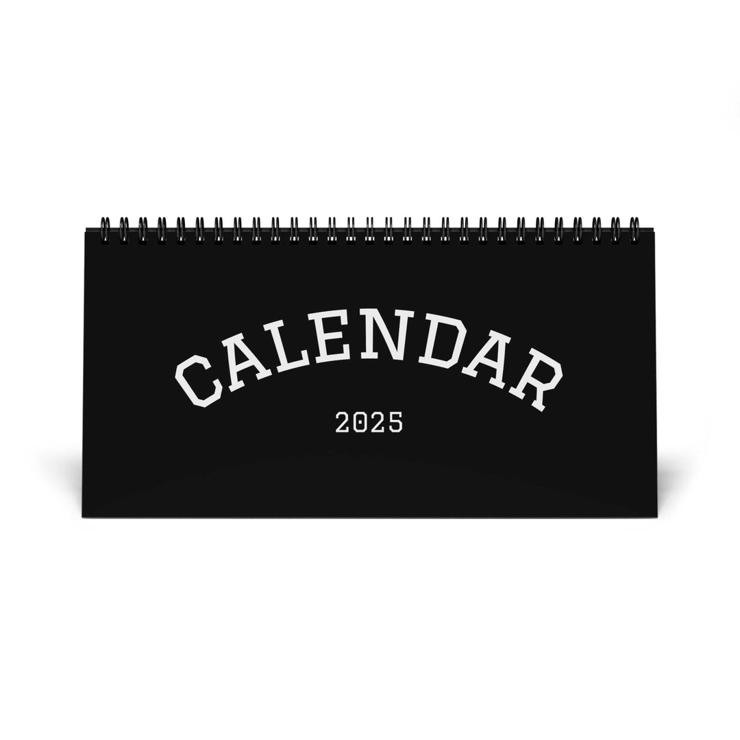 2025 desktop calendar with spiral binding and clear month grid