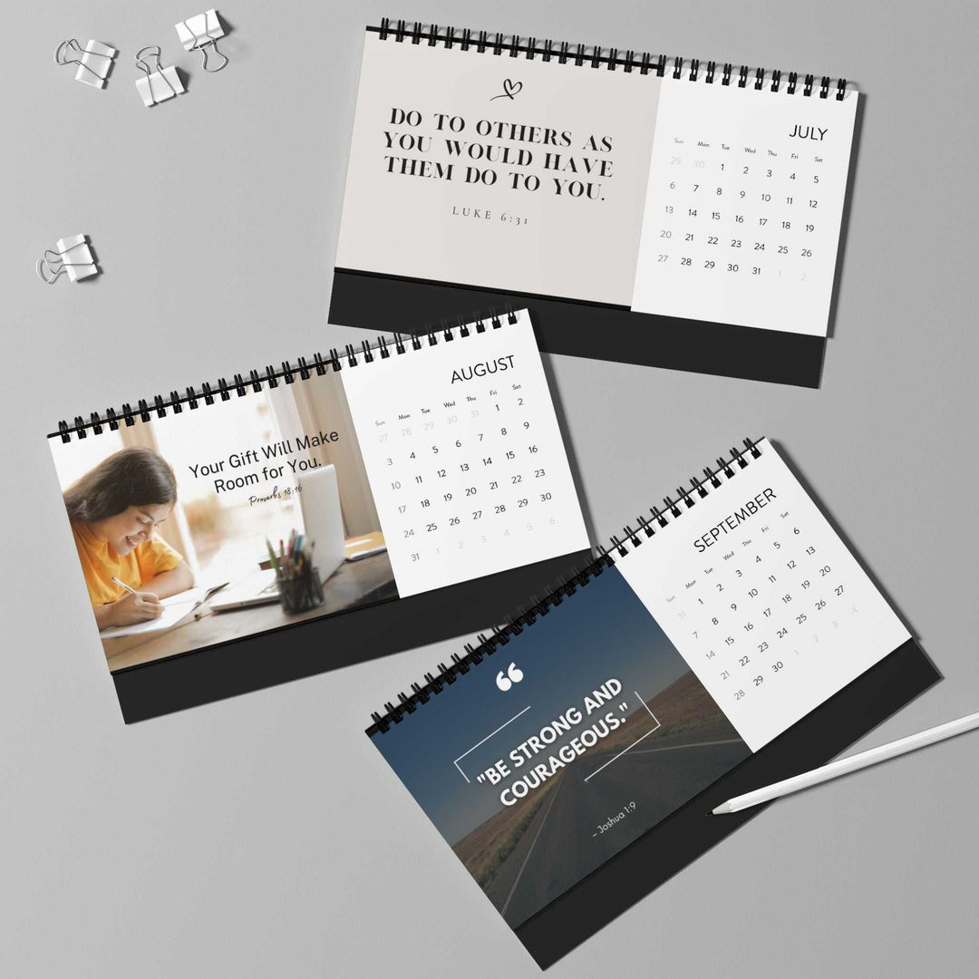 2025 desktop calendar with spiral binding and inspirational quotes