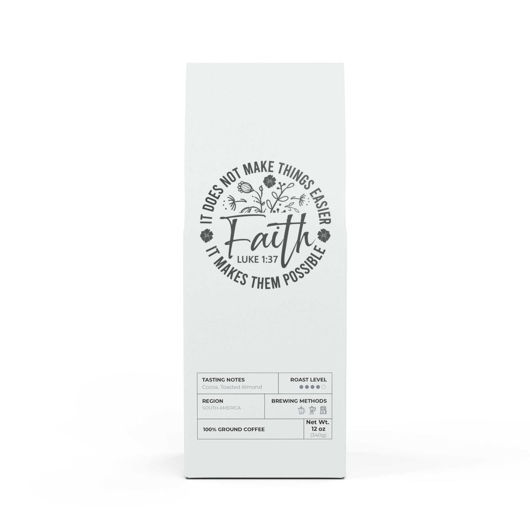 Luke 1:37 Coffee medium-dark roast 12oz bag with cocoa and toasted nut notes, specialty grade craft coffee from South America, whole bean and ground options.