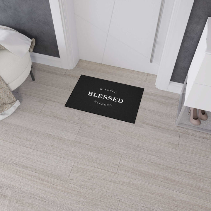 Black Blessed Floor Mat with non-slip backing and white text for home decor