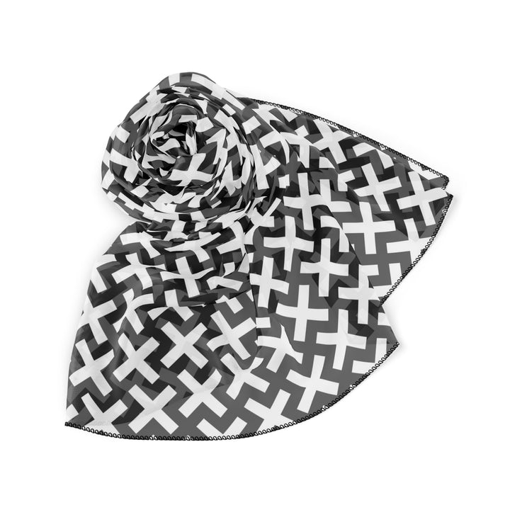 Black and white Christian Cross Poly Scarf made of lightweight poly voile and chiffon with black stitching