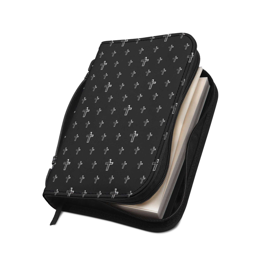 Black PU leather Bible Cover with Christian Cross pattern and zipper closure