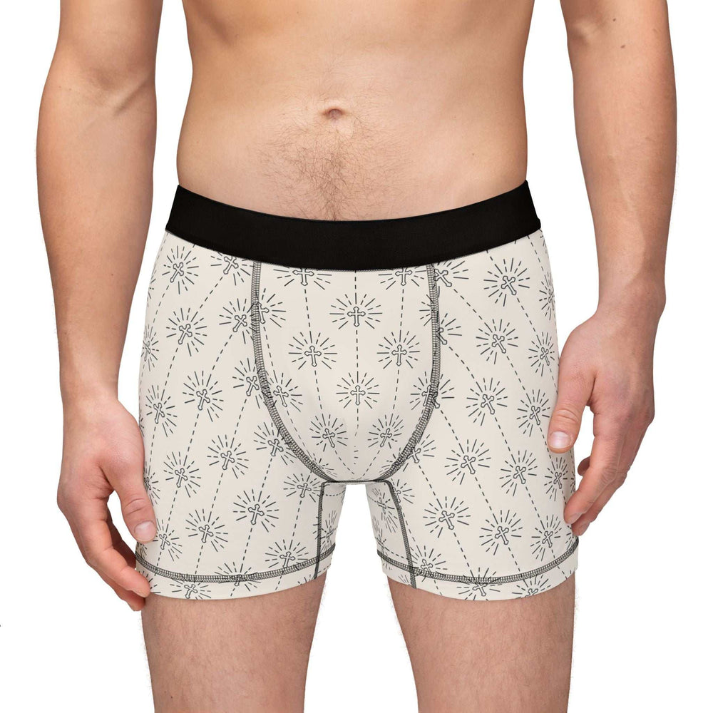 Christian Design men's boxers with soft, stretchy polyester-spandex fabric and a sunburst pattern, featuring a black waistband.