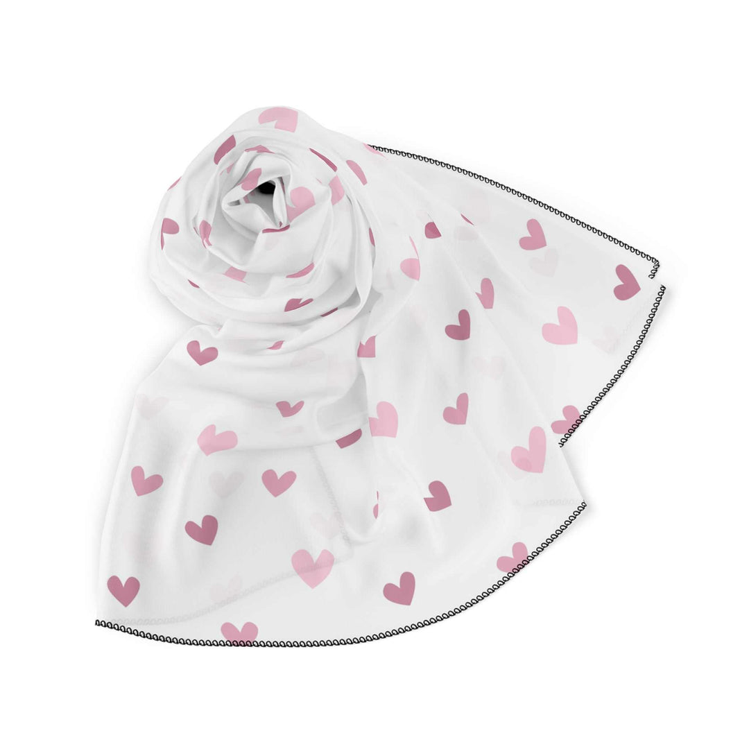 Sheer white Pink Hearts Poly Scarf with pink heart patterns and black stitching made of lightweight polyester voile and chiffon