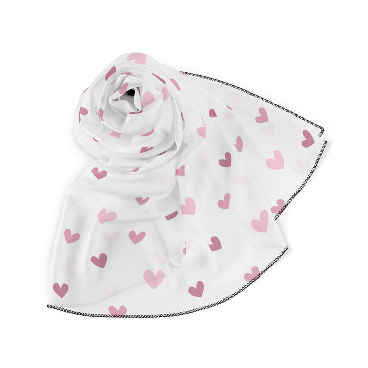 Sheer white Pink Hearts Poly Scarf with pink heart patterns and black stitching made of lightweight polyester voile and chiffon