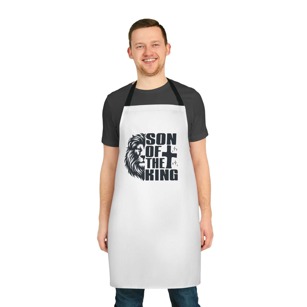 Man wearing white Son of King Apron with black straps and lion graphic design