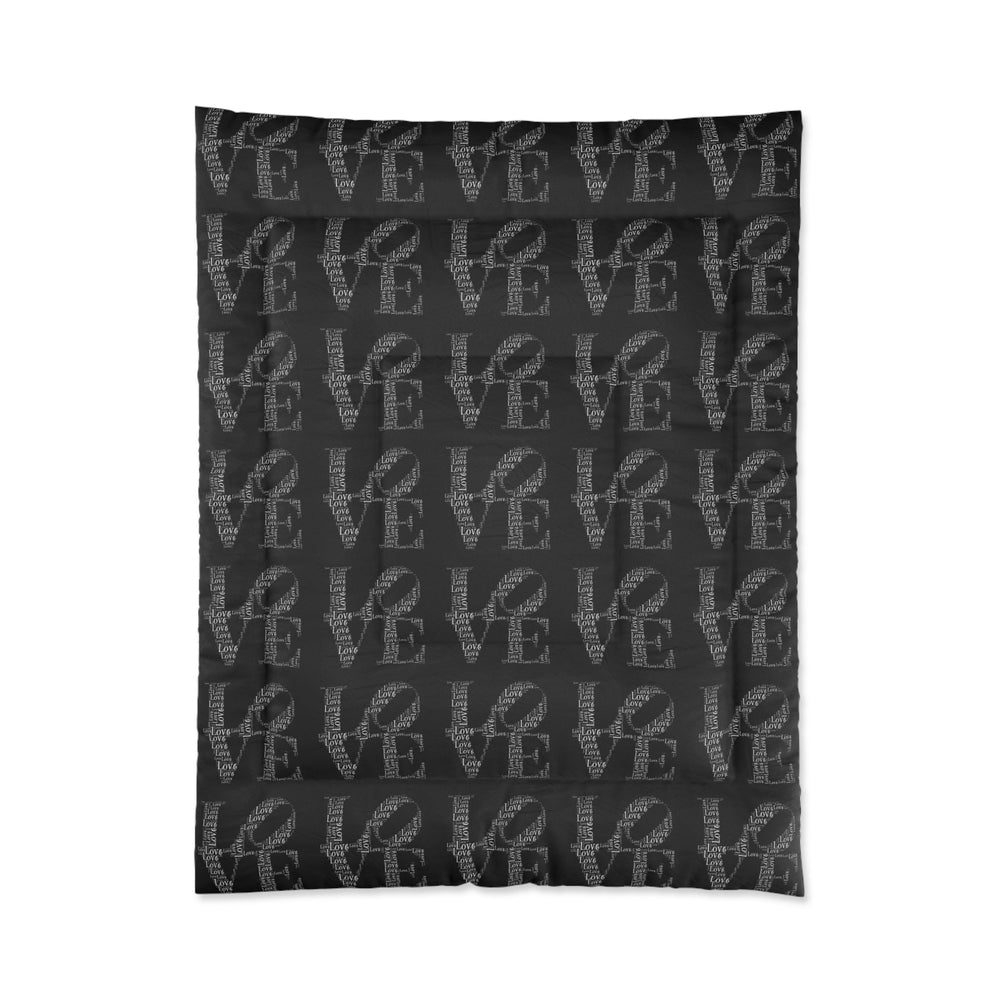 Love Words Comforter black lightweight polyester blanket with repeated love text design