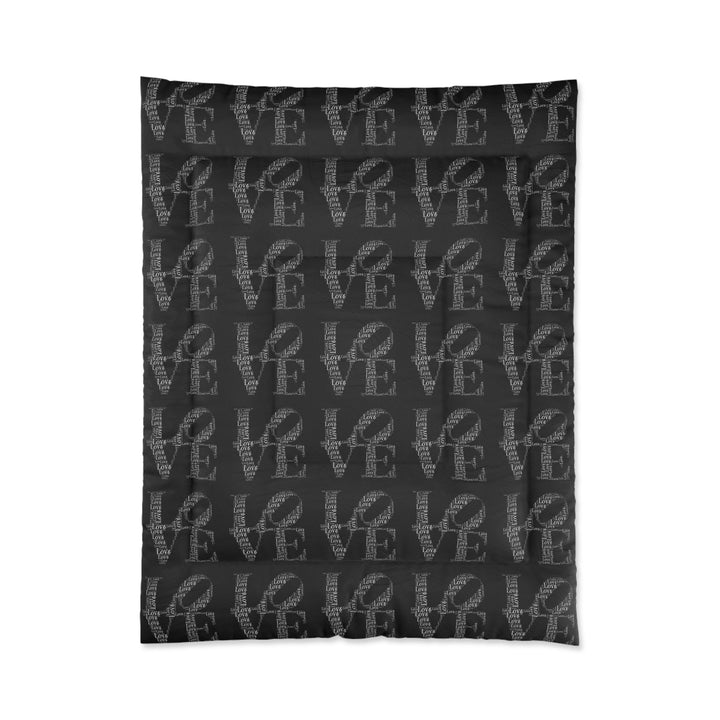 Love Words Comforter black lightweight polyester blanket with repeated love text design