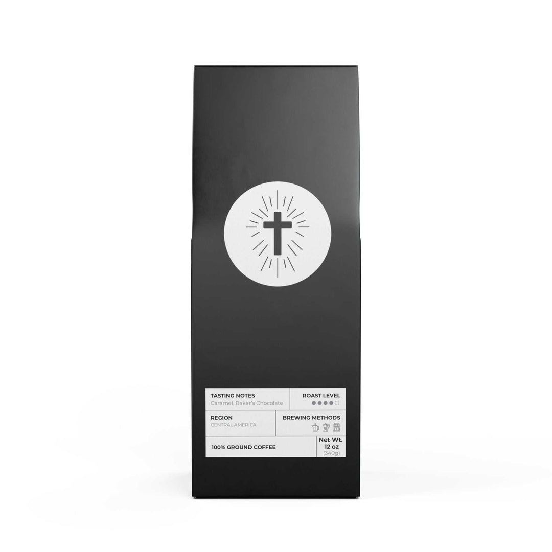Faith in Christ Coffee medium-dark roast 12oz bag with baker’s chocolate and caramel notes from Central America