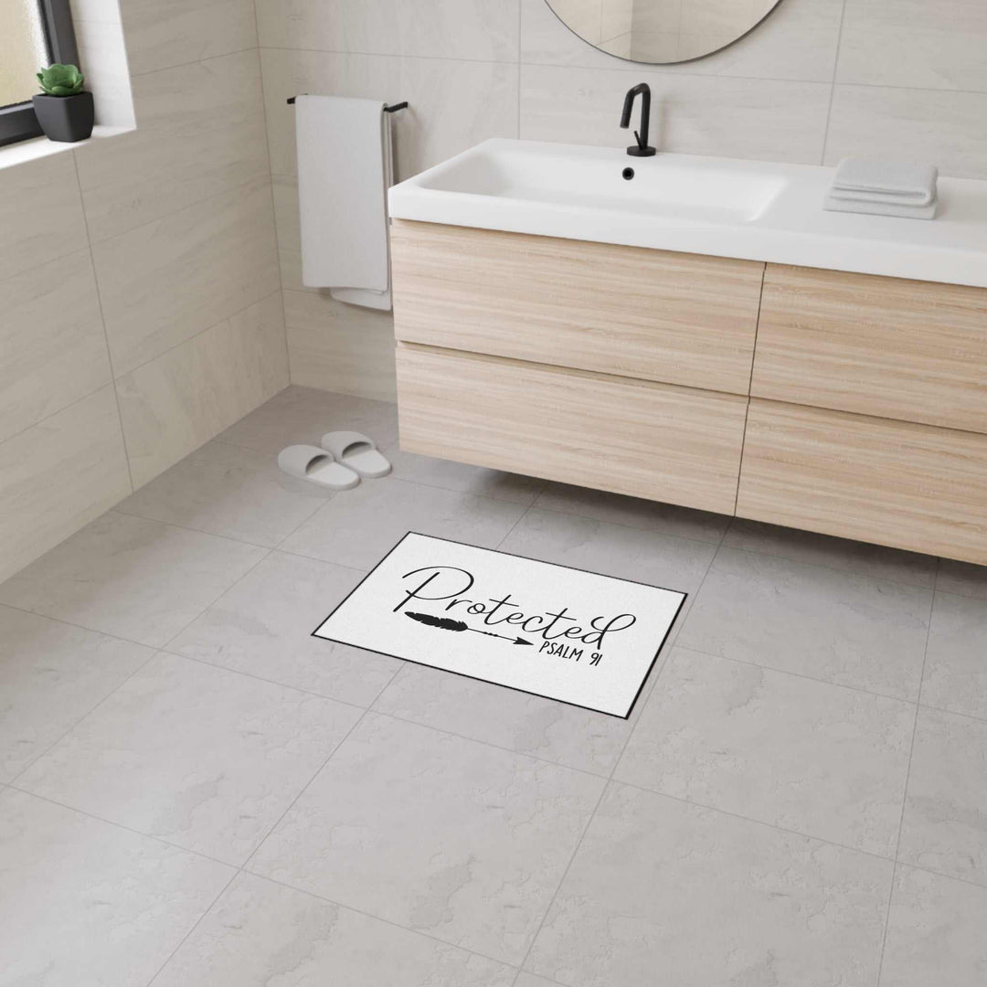 Psalm 91 Floor Mat with black trim and non-slip backing in bathroom setting