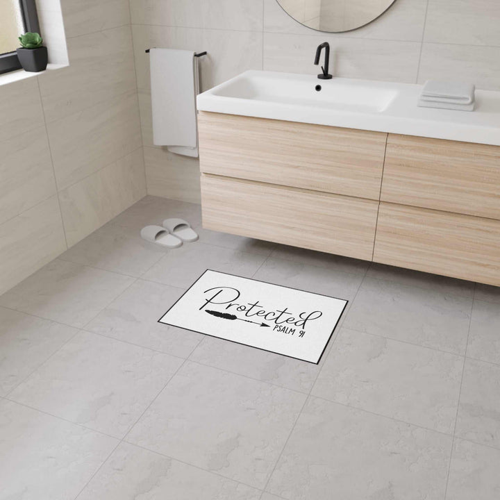 Psalm 91 Floor Mat with black trim and non-slip backing in bathroom setting