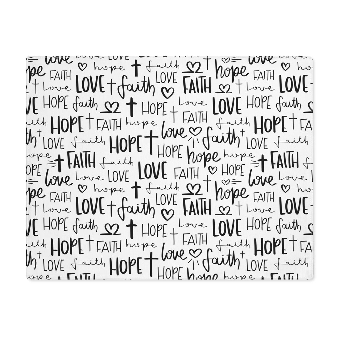 Faith Hope Love placemat with black handwritten text and symbols on white cotton fabric, durable and fade-resistant.