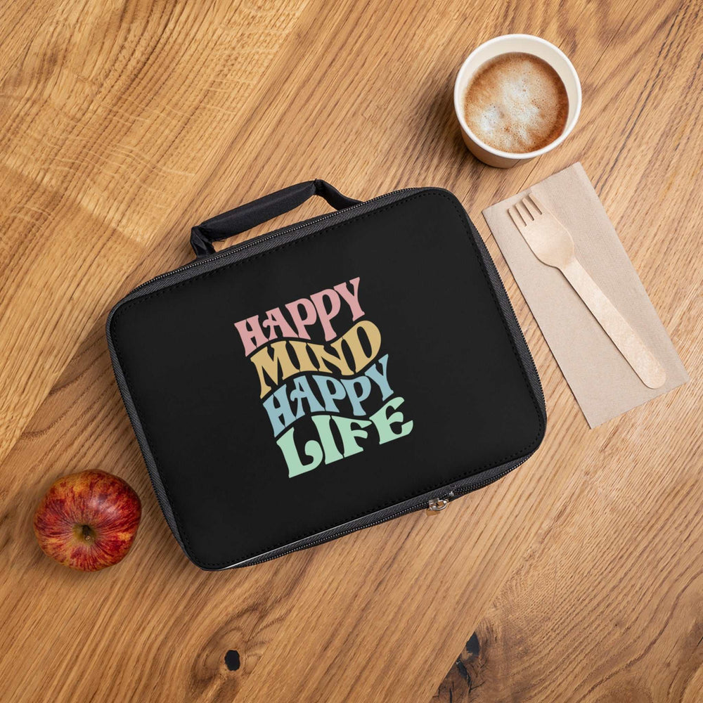 Black Happy Life Lunch Bag with colorful "Happy Mind Happy Life" text, insulated and zippered, placed on wooden surface with coffee, apple, and wooden cutlery.