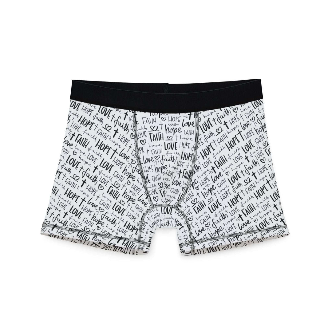 God’s Love Men's Boxers with Faith Hope Love script pattern, stretchy polyester-spandex fabric, and comfortable fit