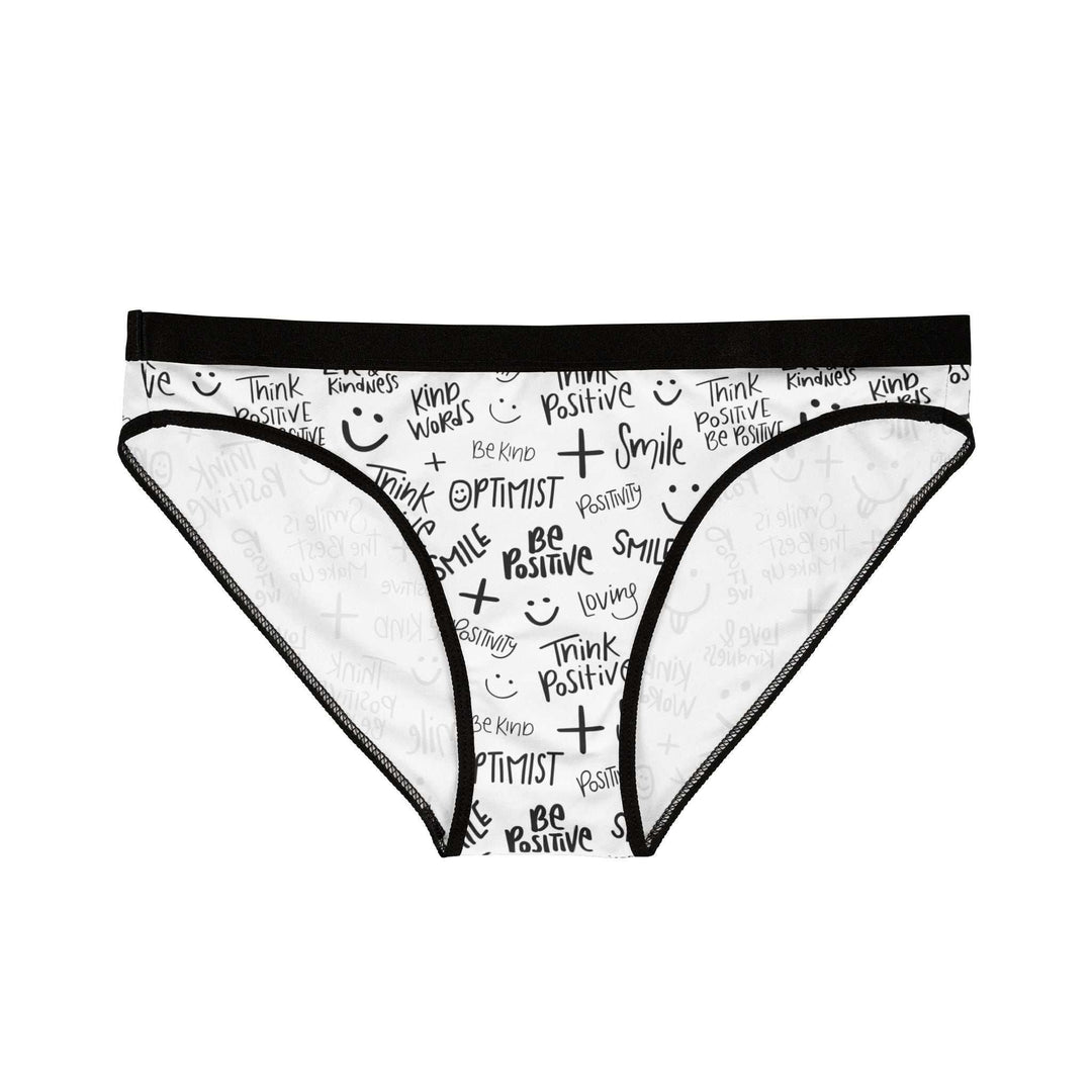 Think Positive Underwear white briefs with black elastic trim and motivational all-over text prints