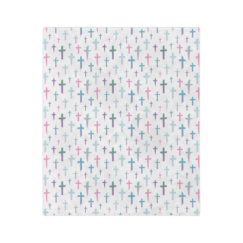 Christian Cross Blanket with colorful cross pattern on soft white fleece, available in multiple sizes with stitched edges