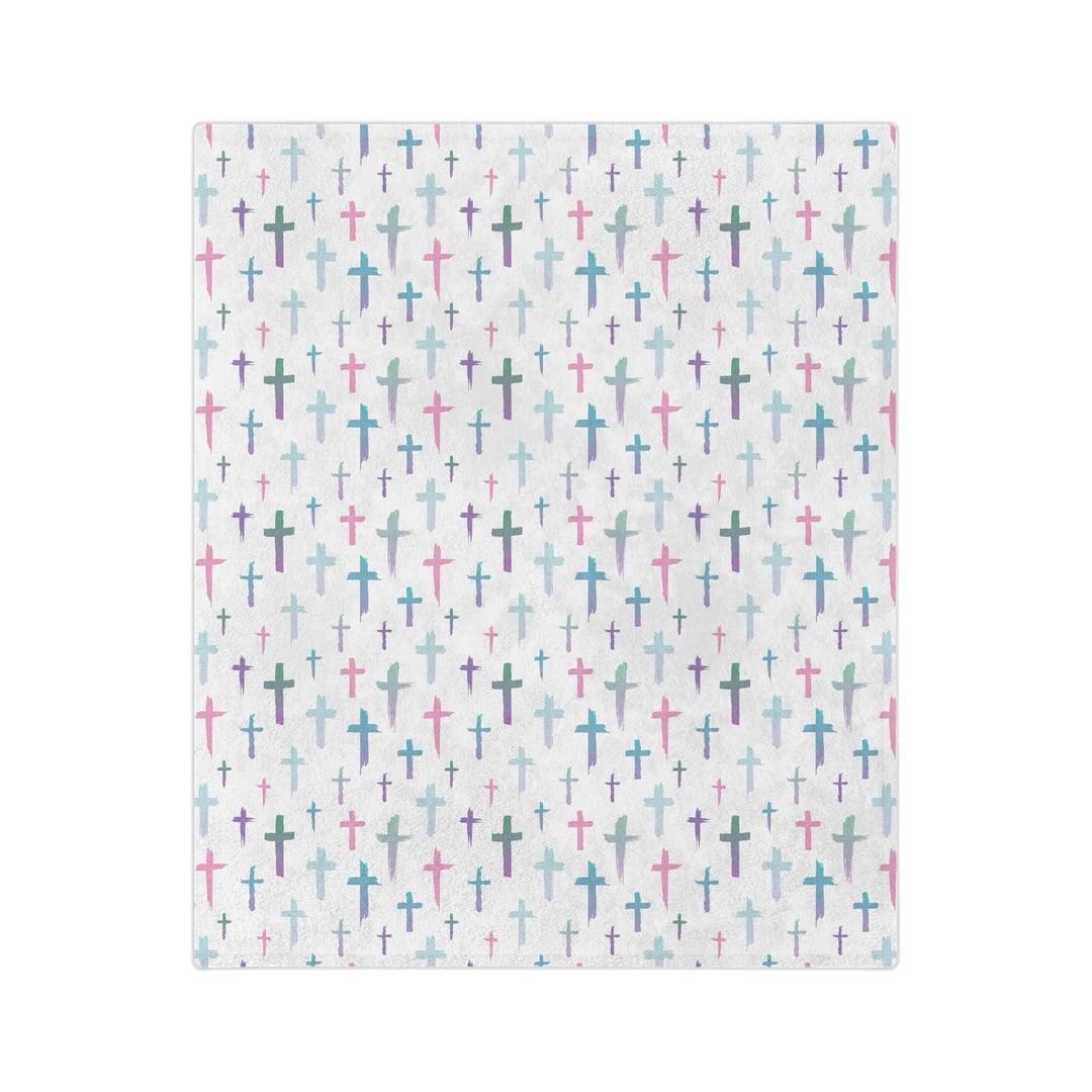 Christian Cross Blanket with colorful cross pattern on soft white fleece, available in multiple sizes with stitched edges
