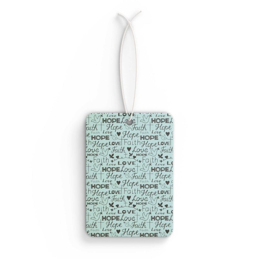 Faith Hope Love car air freshener with repeated text design and hanging string
