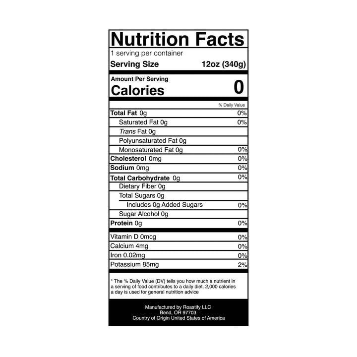 Nutrition facts label for Luke 137 Coffee medium-dark roast 12oz bag with zero calories and no fat, sodium, or sugar.