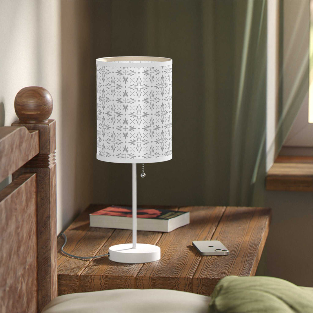 Christian Cross Lamp with white steel base and high-resolution printed shade on wooden bedside table