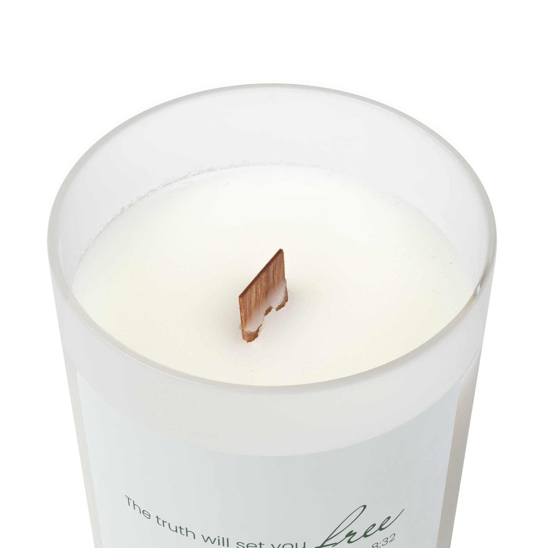 Off-white Truth = Freedom glass candle with wooden wick in frosted glass vessel and raw maple lid, made with coconut soy blended wax, 50-hour burn time