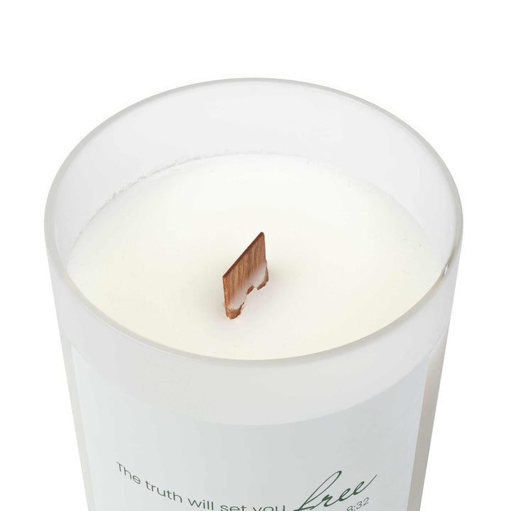 Off-white Truth = Freedom glass candle with wooden wick in frosted glass vessel and raw maple lid, made with coconut soy blended wax, 50-hour burn time