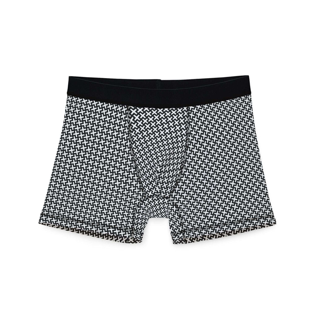 Christian Cross men's boxers with black and white cross pattern, stretchy polyester-spandex fabric, and black waistband.