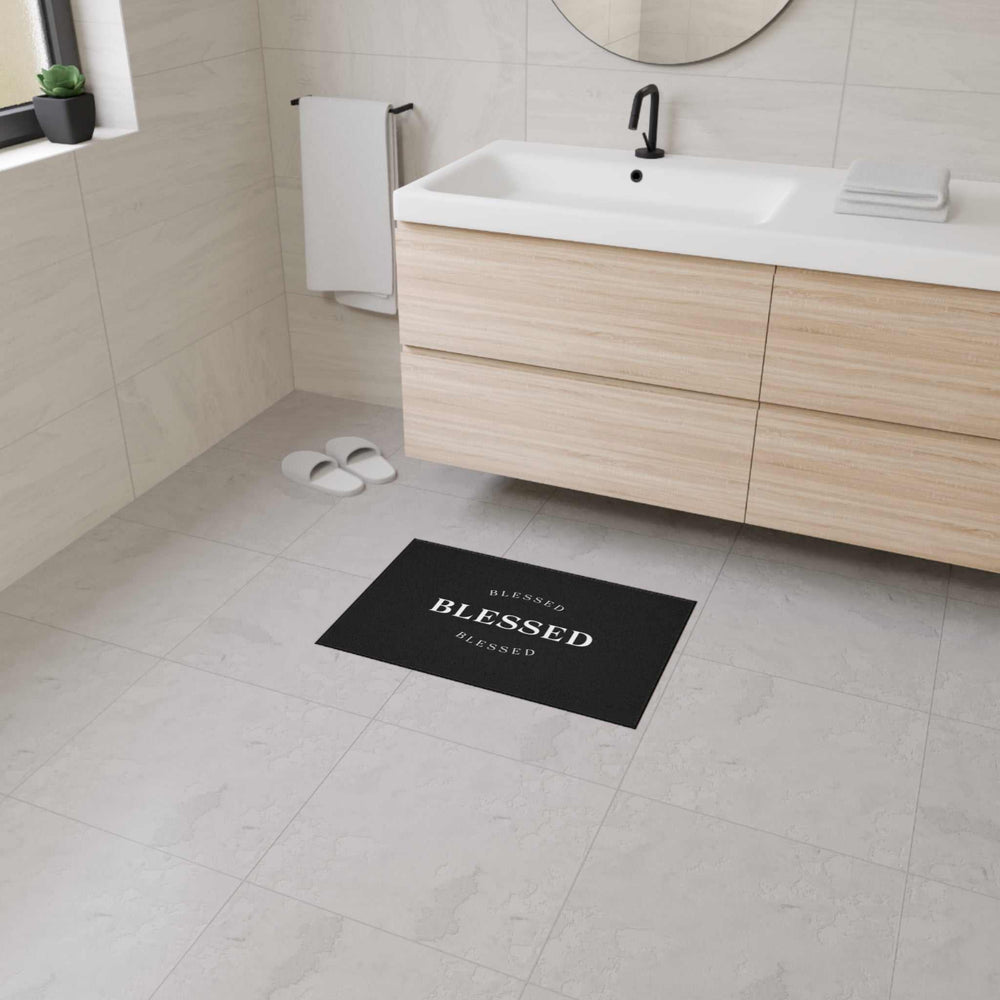 Black Blessed Floor Mat with non-slip backing in modern bathroom setting