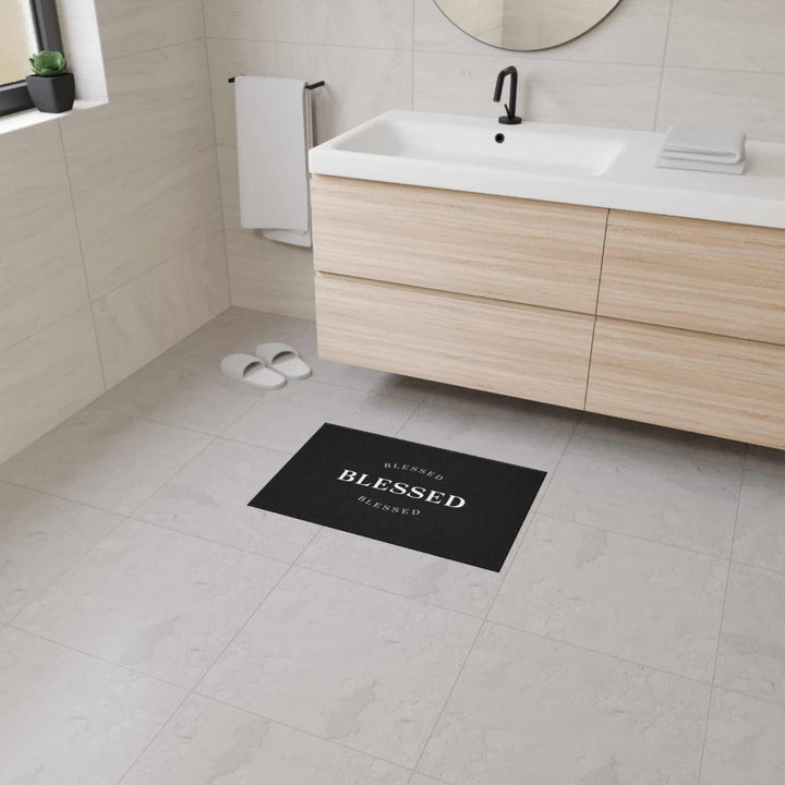 Black Blessed Floor Mat with non-slip backing in modern bathroom setting