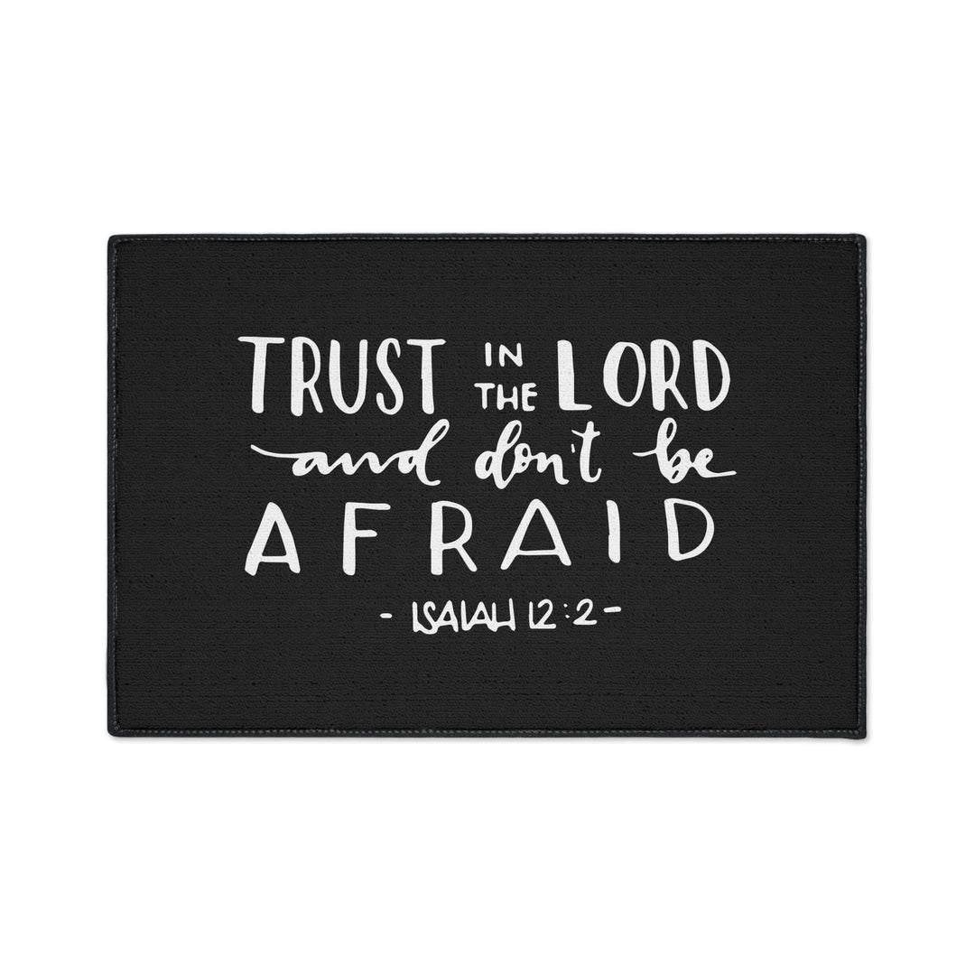 Bible Verse Floor Mat with Isaiah 12:2 quote, black polyester, non-slip backing, home decor rug