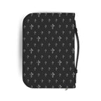 Black Bible cover with white Christian cross pattern, PU leather, handle, and zipper, available in multiple sizes.