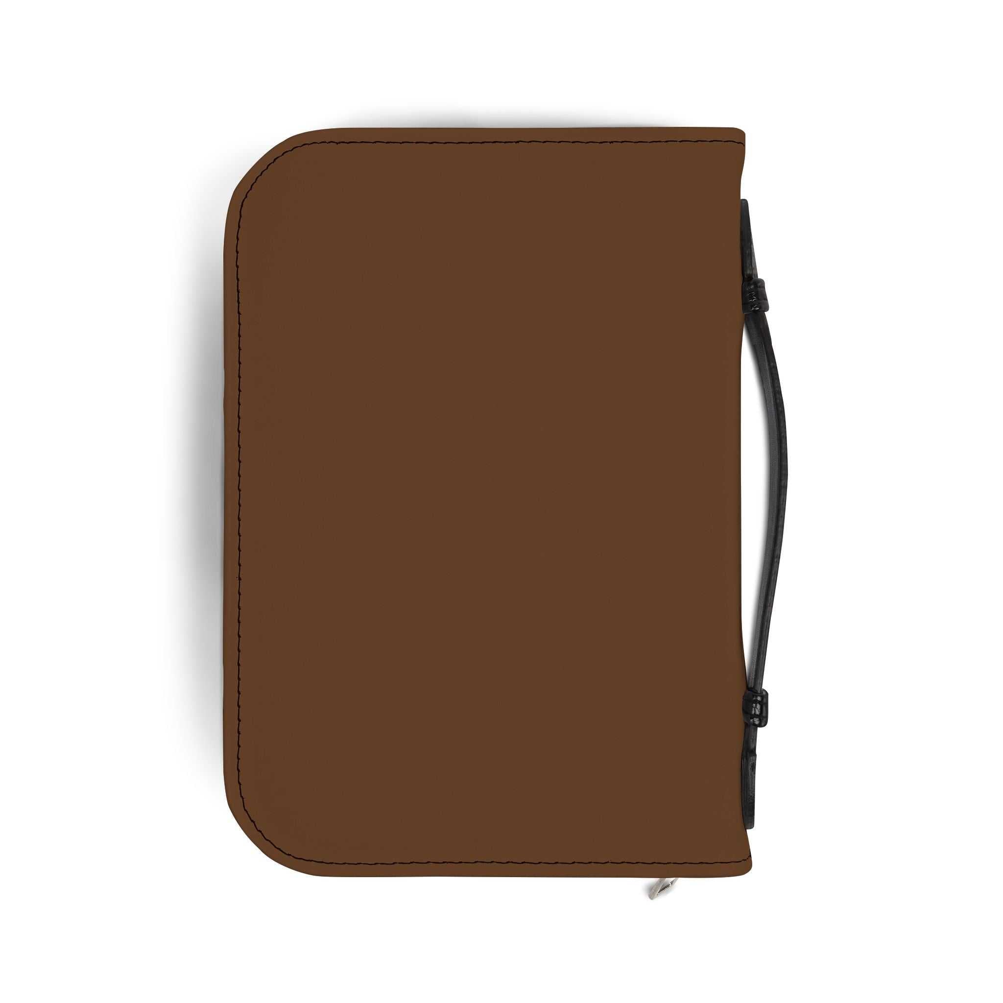 Brown PU leather Bible Cover with black handle, stitching, and zipper, available in multiple sizes for most Bibles